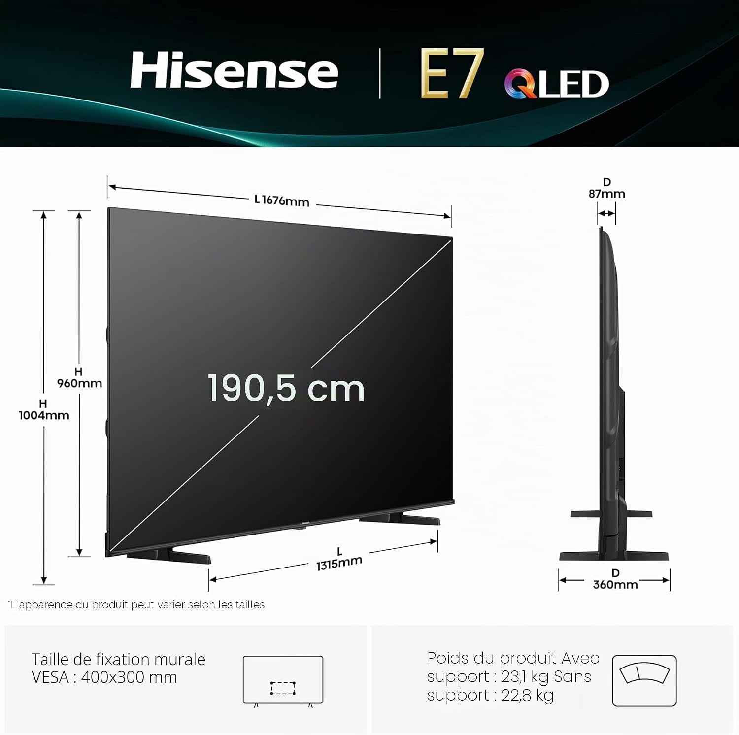 Hisense Smart TV 75 Pouces 75E7Q QLED 4K UHD Téléviseur, Dolby Vision Atmos, Mode Sport IA MEMC, HDR, VIDAA Avec Youtube, Netflix, Disney+, Canal +, Commande Vocale Alexa