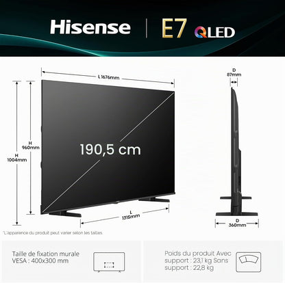 Hisense Smart TV 75 Pouces 75E7Q QLED 4K UHD Téléviseur, Dolby Vision Atmos, Mode Sport IA MEMC, HDR, VIDAA Avec Youtube, Netflix, Disney+, Canal +, Commande Vocale Alexa