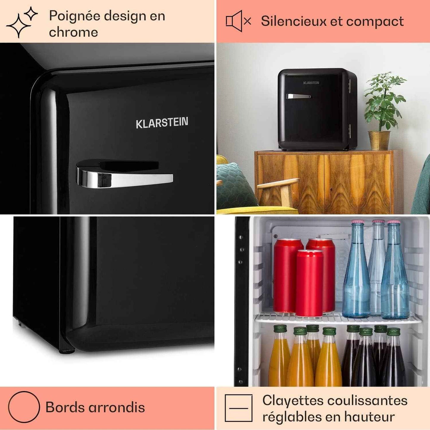 KLARSTEIN Mini Frigo De Chambre Pour Boissons, Petit Frigo Silencieux, Design Vintage, Mini Bar Intérieur, Bières, Petit Refrigerateur Camping, Bureau, Dégivrage Manuel, Cosmetique, 0-10°C, 48L