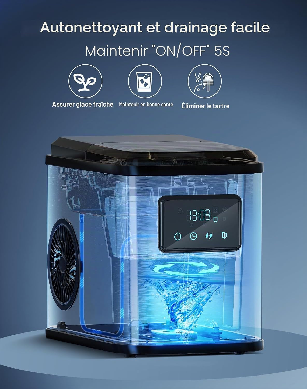 Machine a Glacons 15Kg En 24H, 2 Litres, Avec Écran LED | 9 Glaçons En 6-8 Minutes, 2 Tailles De Glace, Autonettoyante,Silencieux 45 Db,Poignée De Transport,Pour La Maison/Camping/Bar