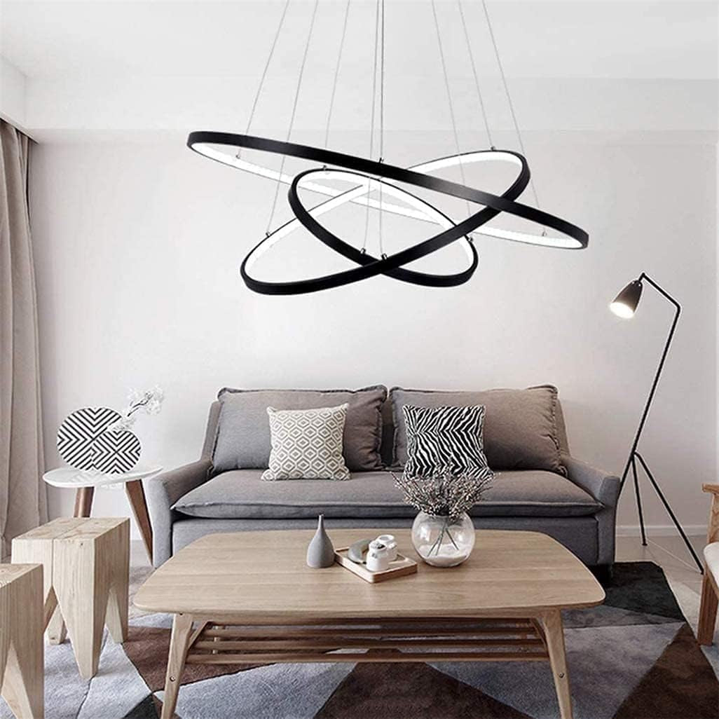 LED Lustre Salon Plafonnier Créatif Rond 3 Cercle Lustre, Dimmable Avec Télécommande 3000K-6500K, Acrylique Chambre Cuisine Bureau Décoration Lampes 76W (Noir)