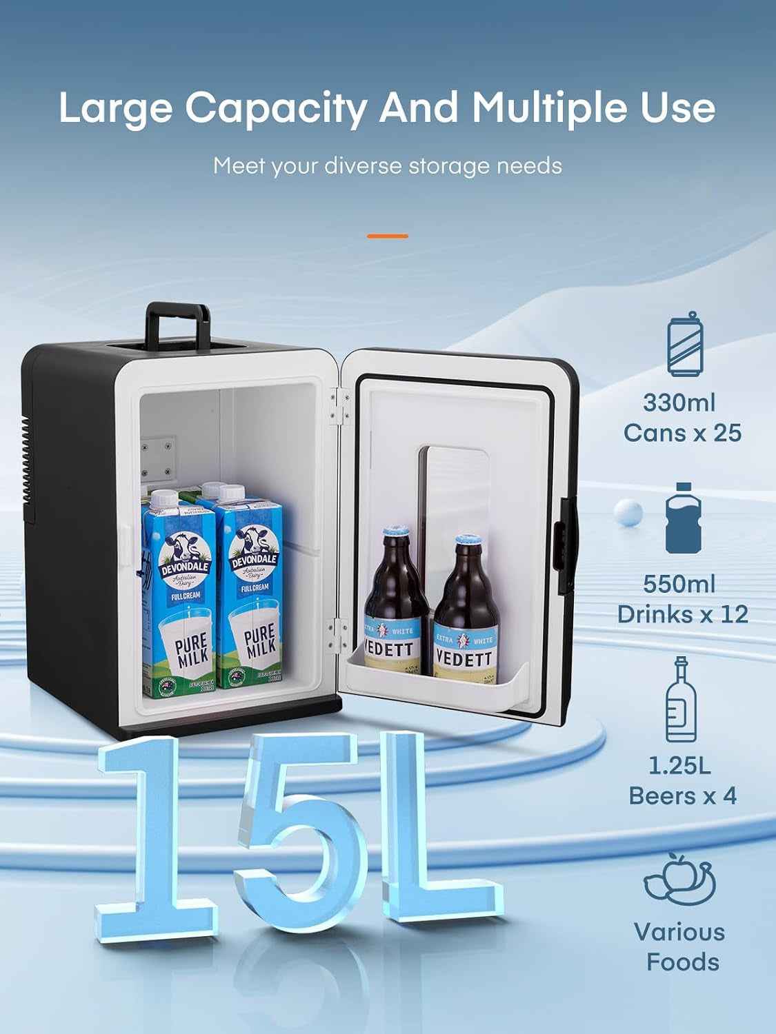 Mini Frigo De Chambre 15L/21 Canettes, Petit Frigo Portable 240V/12V, Mode Silencieux, Fonction Chaud/Froid, Cosmetique Noir