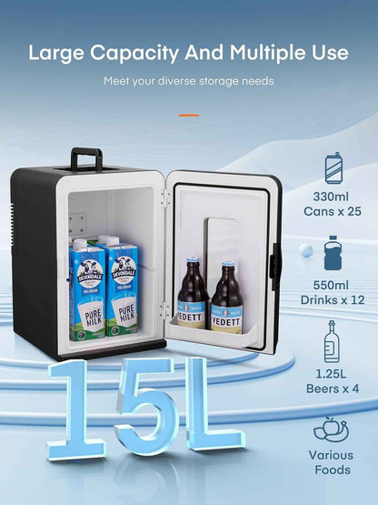 Mini Frigo De Chambre 15L/21 Canettes, Petit Frigo Portable 240V/12V, Mode Silencieux, Fonction Chaud/Froid, Cosmetique Noir