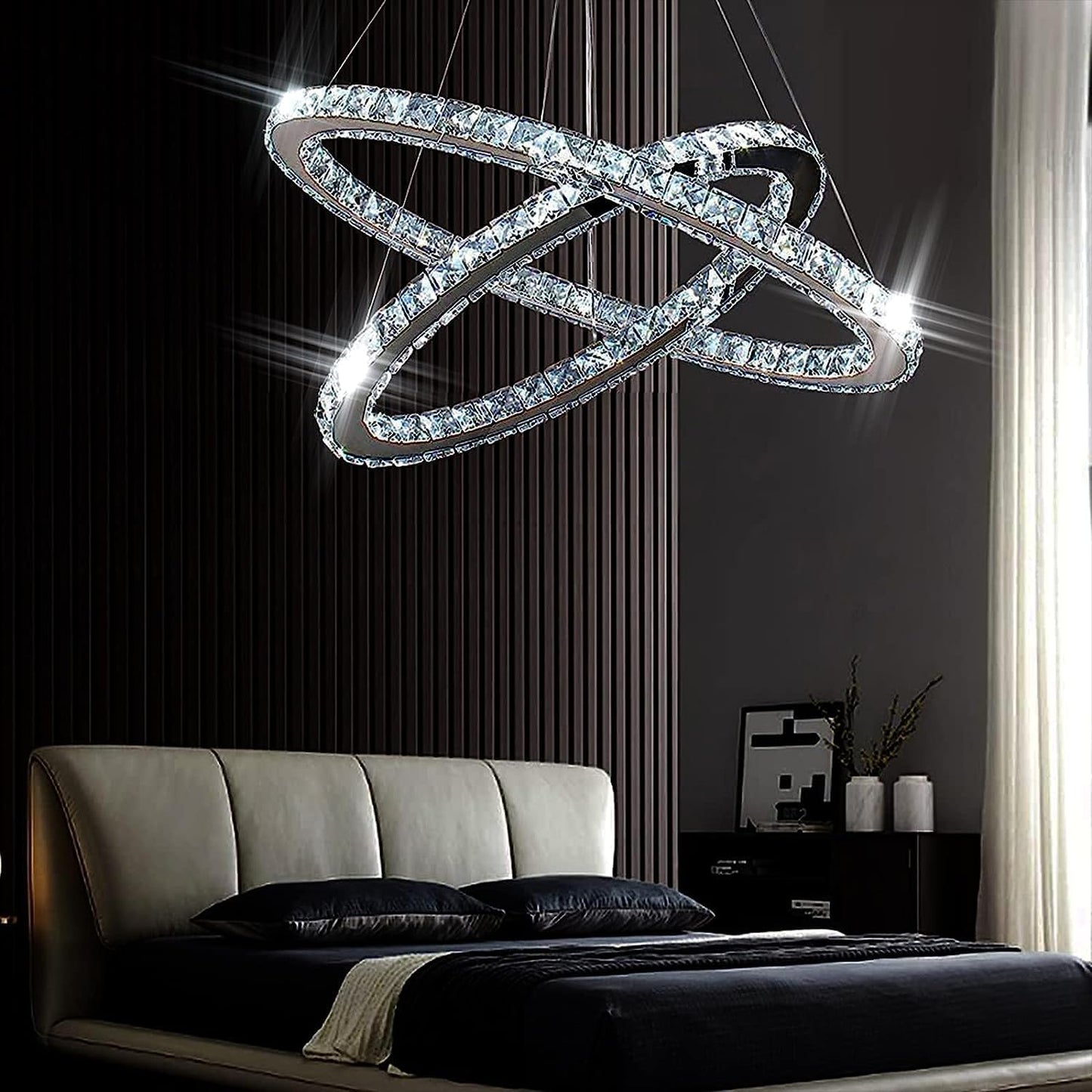 Lustre Moderne En Cristal, Lustre LED Avec Télécommande, Plafonnier Ovale, 2 Anneaux, 56CM 32CM, Suspension Pour Salon, Salle À Manger (Lumière Blanche 6500K)