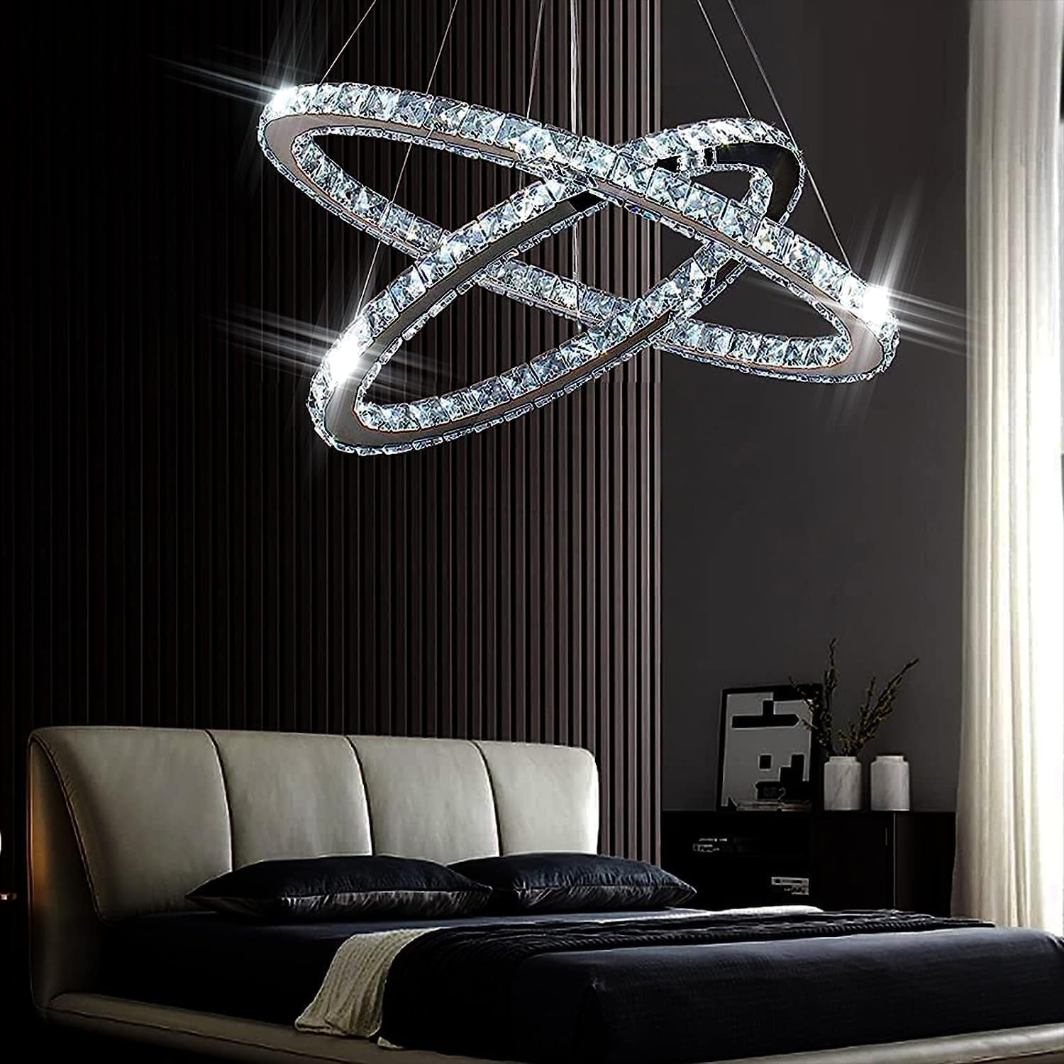 Lustre Moderne En Cristal, Lustre LED Avec Télécommande, Plafonnier Ovale, 2 Anneaux, 56CM 32CM, Suspension Pour Salon, Salle À Manger (Lumière Blanche 6500K)