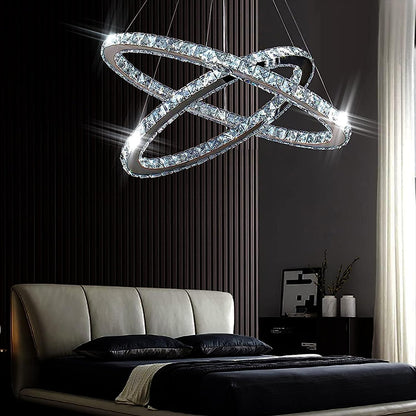 Lustre Moderne En Cristal, Lustre LED Avec Télécommande, Plafonnier Ovale, 2 Anneaux, 56CM 32CM, Suspension Pour Salon, Salle À Manger (Lumière Blanche 6500K)