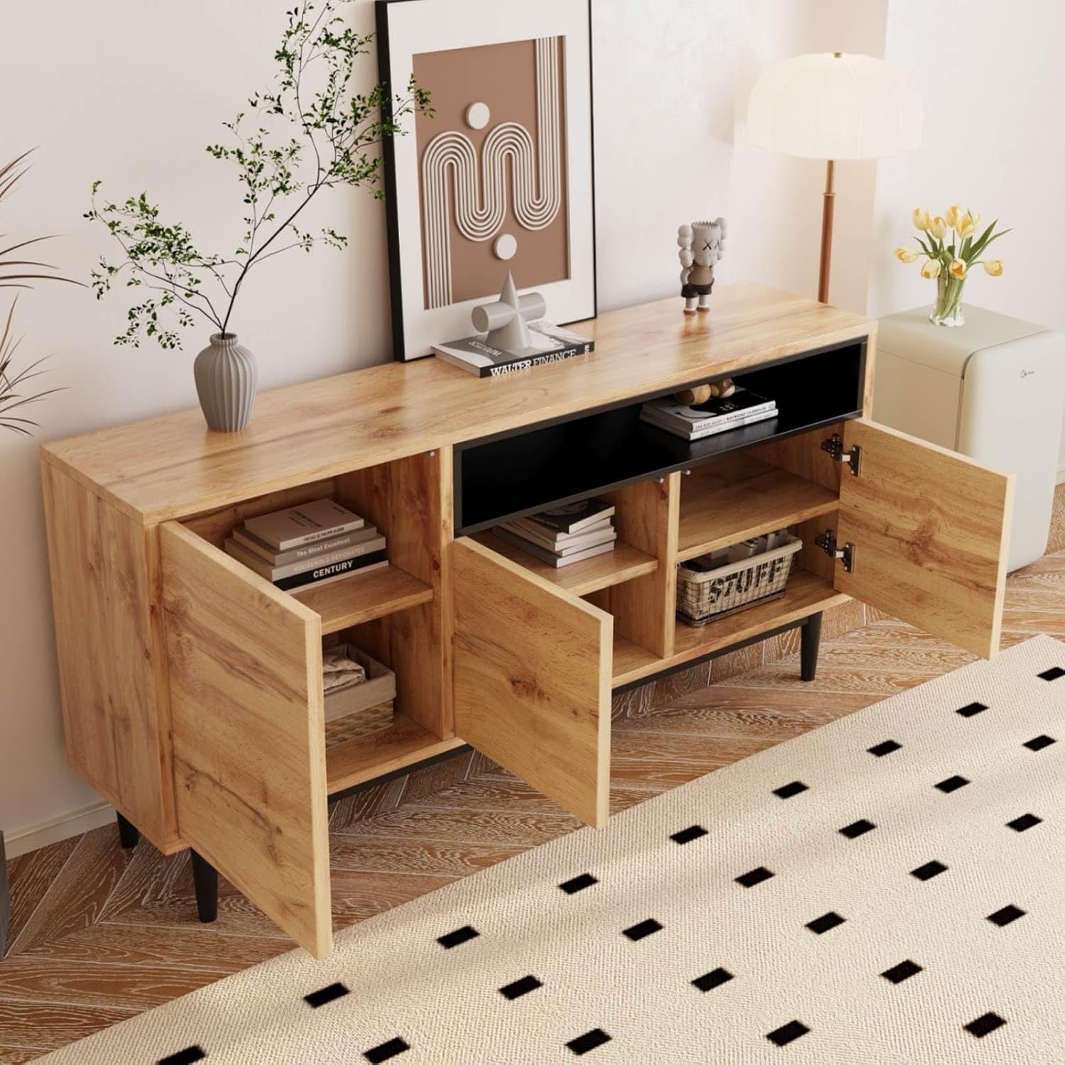 Buffet Moderne En Grain De Bois, Armoire De Rangement À 3 Portes Et Compartiment Ouvert, Noir, Multifonction Pour Salon, Chambre À Coucher, Cuisine (Naturel-C)