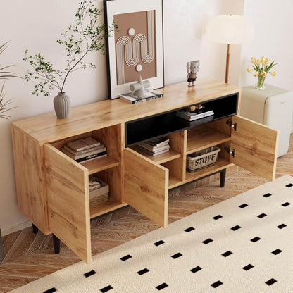 Buffet Moderne En Grain De Bois, Armoire De Rangement À 3 Portes Et Compartiment Ouvert, Noir, Multifonction Pour Salon, Chambre À Coucher, Cuisine (Naturel-C)