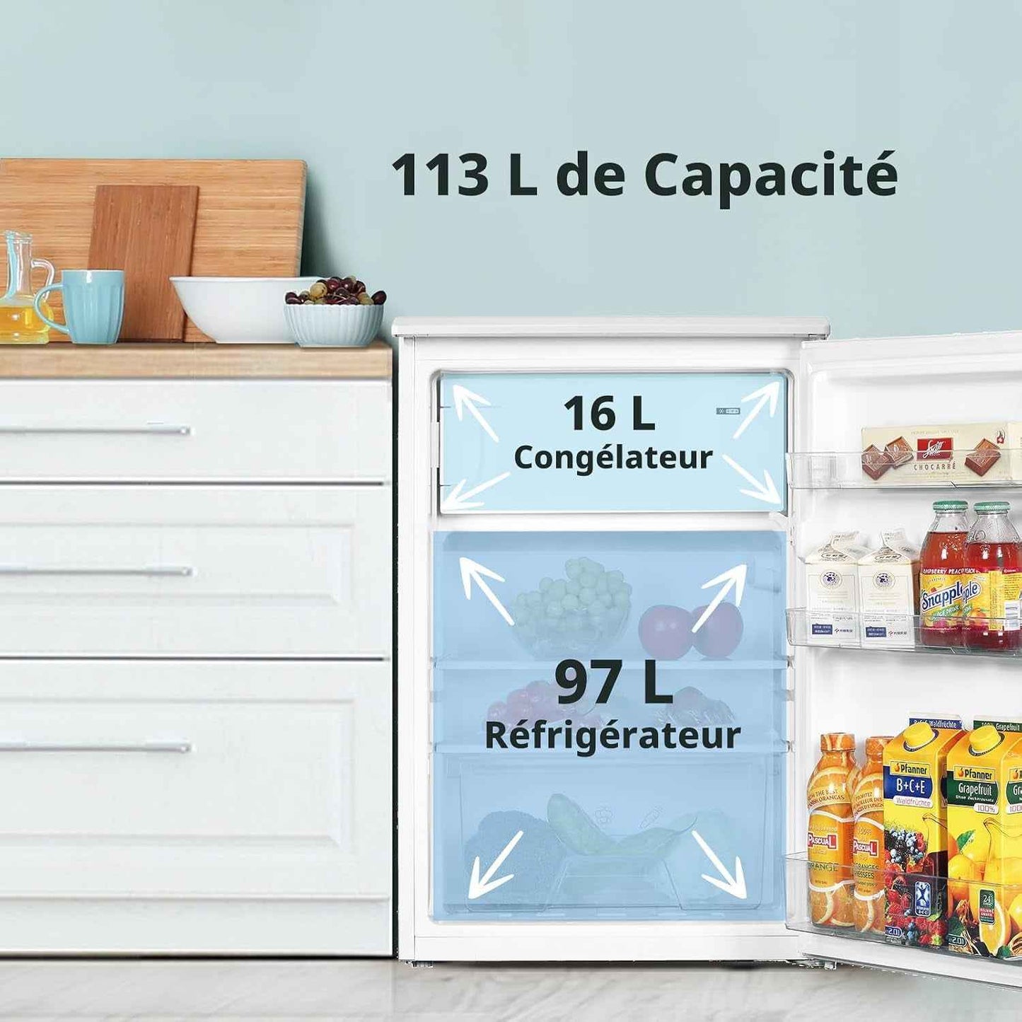 113L Petit Frigo, Réfrigérateur Congelateur Avec Tiroir, Blanc | Combiné Compact, Inverter 35Db, Congélateur 4 Étoiles, Parfait Pour Studio, Chambre Ou Bureau