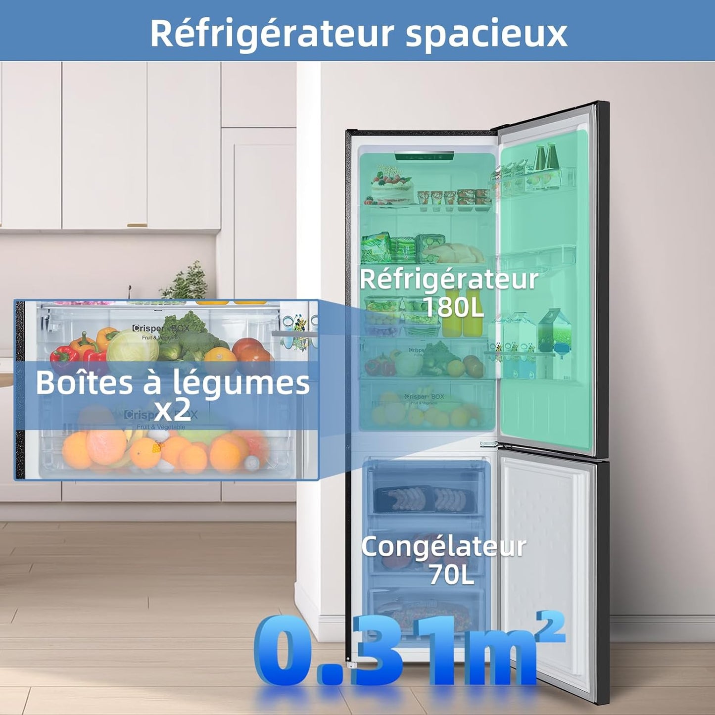 250L Réfrigérateur Autoportant Sans Givre,250L,Congélation À -24℃, Électronique Tactile, Compresseur Avec Garantie De 12 Ans, Distributeur D'Eau, Faible Niveau Sonore De 39 Db, Noir