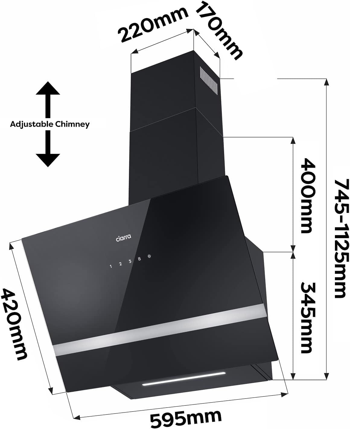 CBCB6736H Hotte Aspirante 60 Cm Classe A+++ - Hotte Inclinée 685M³/H | Filtre À Charbon CBCF003 Inclus - Recyclage & Évacuation - Wifi &Commande Tactile- 4 Vitesses Avec Boost - LED Dimmable -Noir