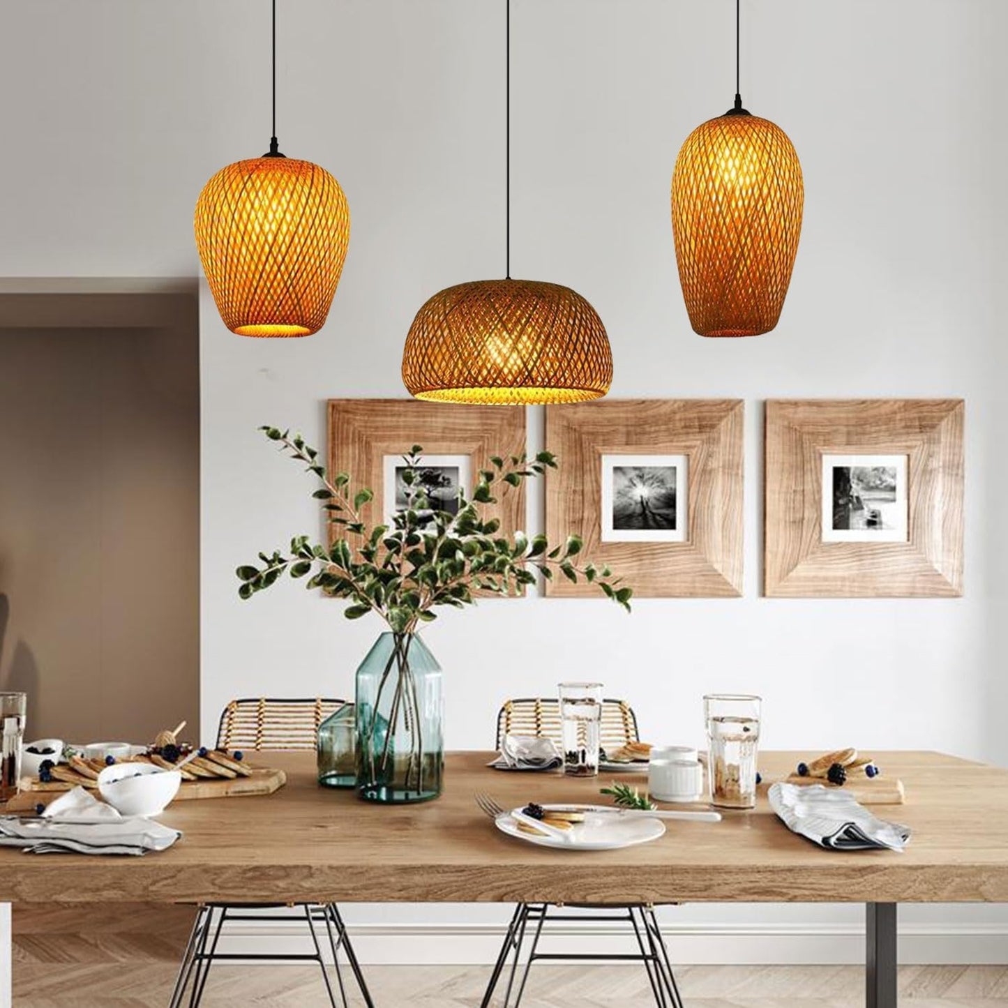 Bambou Naturel Tissé Suspension Rétro Lustre E27 Suspendue Hauteur Adjustable 3 Flammes Pendentif Luminaire Vintage Japonais Maison Intérieur Éclairage Bar Cuisine Restaurant Salle Lampe Plafond