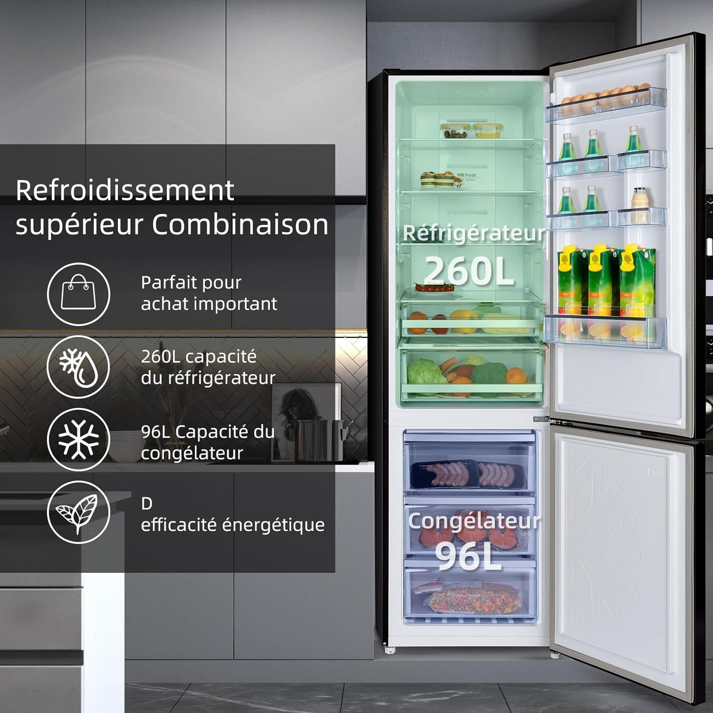 Réfrigérateur Congélateur Combiné, 356 L(260 +96 L) Total, Sans Givre, Bac À Légumes, Tiroirs Profonds, Mode Vacances, Alarme De Porte, Garantie 12 Ans Pour Compresseur, Inox FBM351LEI42