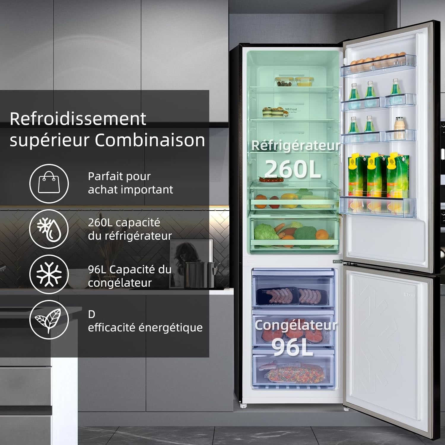 Réfrigérateur Congélateur Combiné, 356 L(260 +96 L) Total, Sans Givre, Bac À Légumes, Tiroirs Profonds, Mode Vacances, Alarme De Porte, Garantie 12 Ans Pour Compresseur, Inox FBM351LEI42