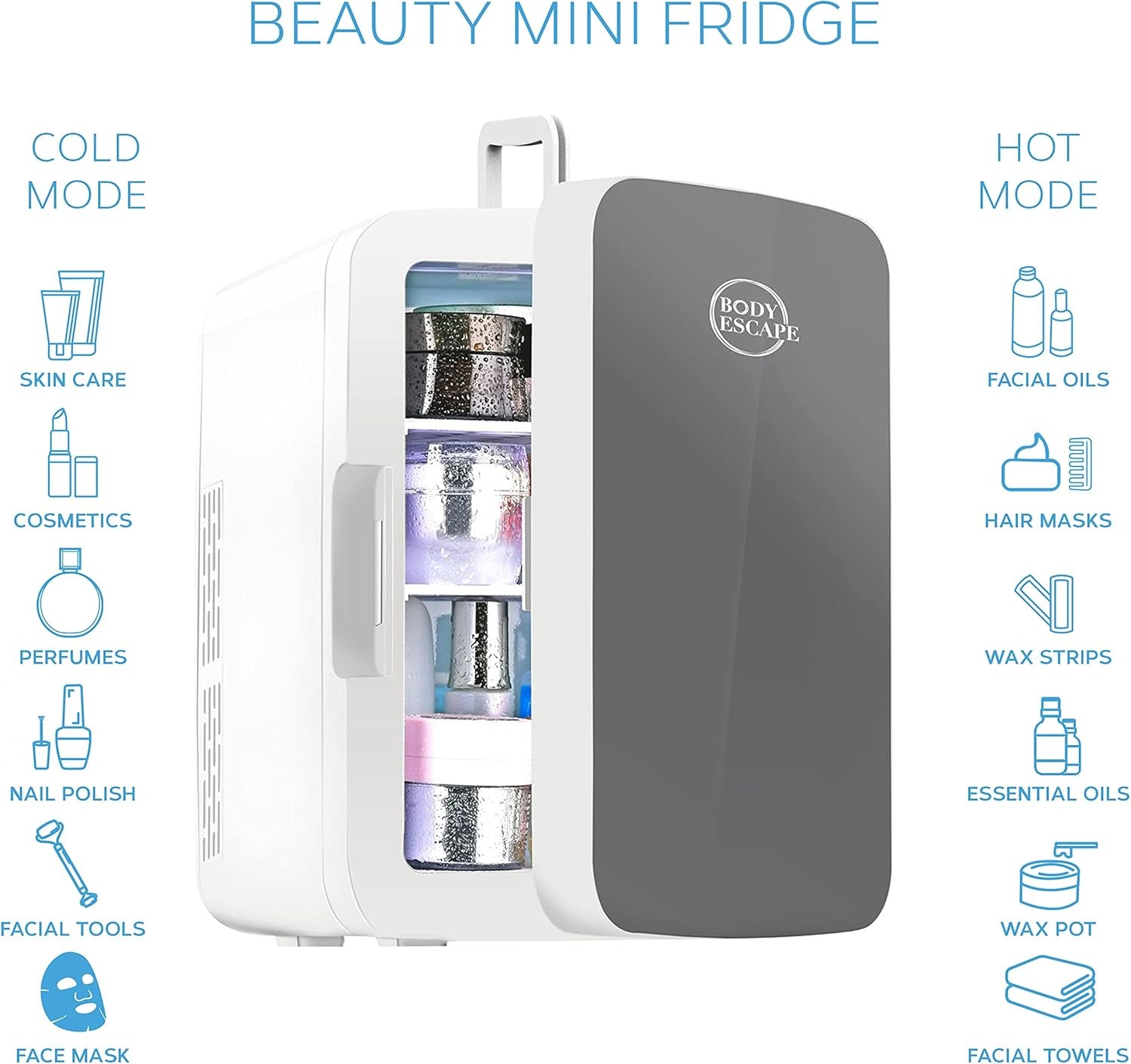 Body Escape Mini Réfrigérateur Pour Soins De La Peau Et Maquillage - Mini Réfrigérateurs Beauté À Porte En Verre - Réfrigérateur Portable, Compact, Et Silencieux Pour Le Maquillage - 10L - Gris