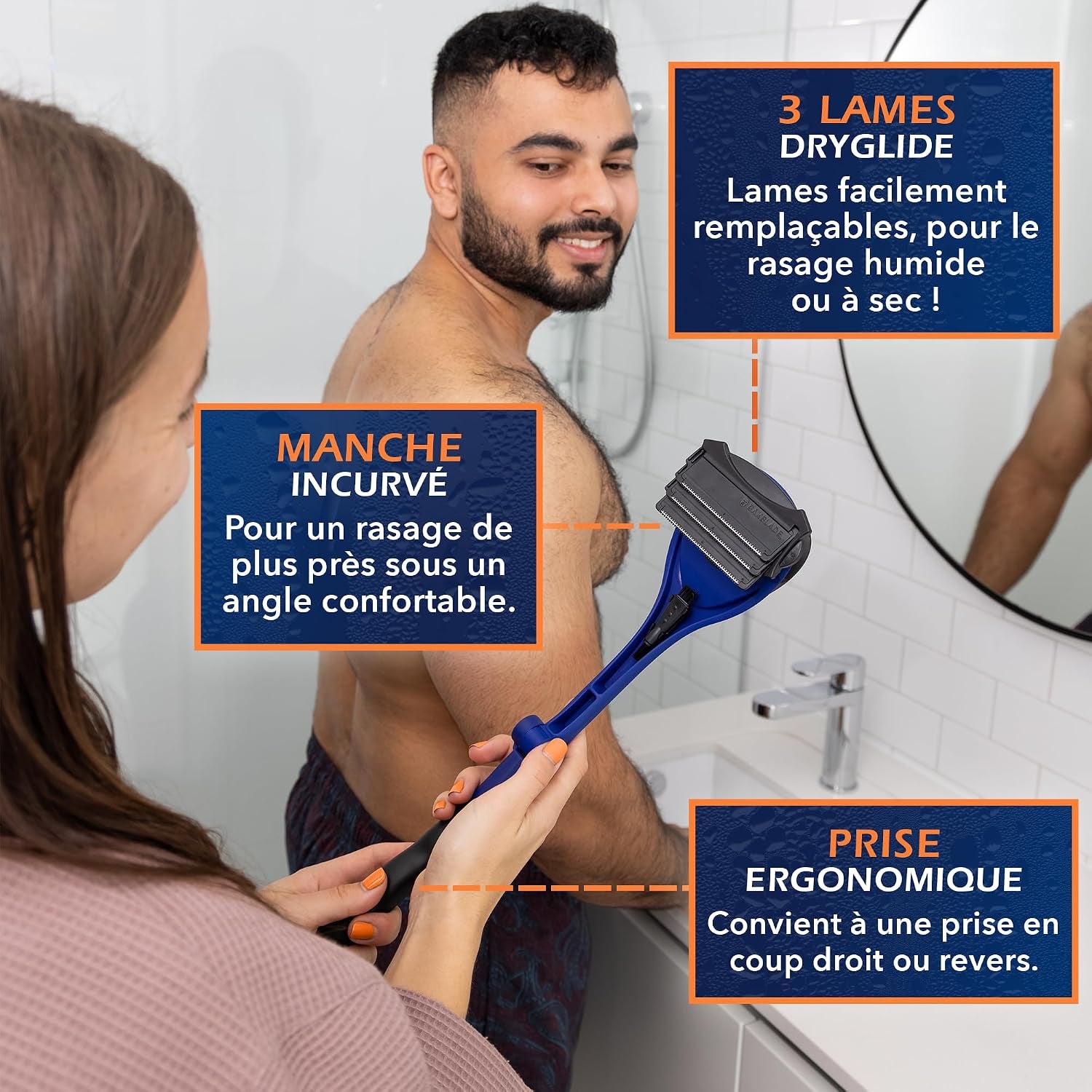 2.0 Elite - Rasoir De Dos Et Corps Pour Homme - 3 Lames Technologie Dryglide, Rasage Humide Ou Sec + Lames Rasoir Supplémentaires, Pinceau De Nettoyage - Poignée Ergonomique - Épilation Dos