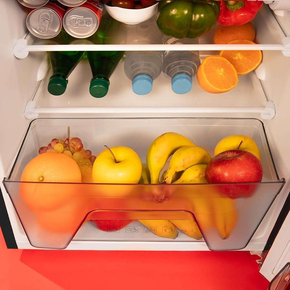 Mini Frigo Réfrigérateur Rétro Bolero Coolmarket 2D Origin 85 Noir. Capacité De 85L, LED Intérieur, Poignée Chromée, Plateaux En Verre, Contrôle De Température Et Tiroir À Légumes