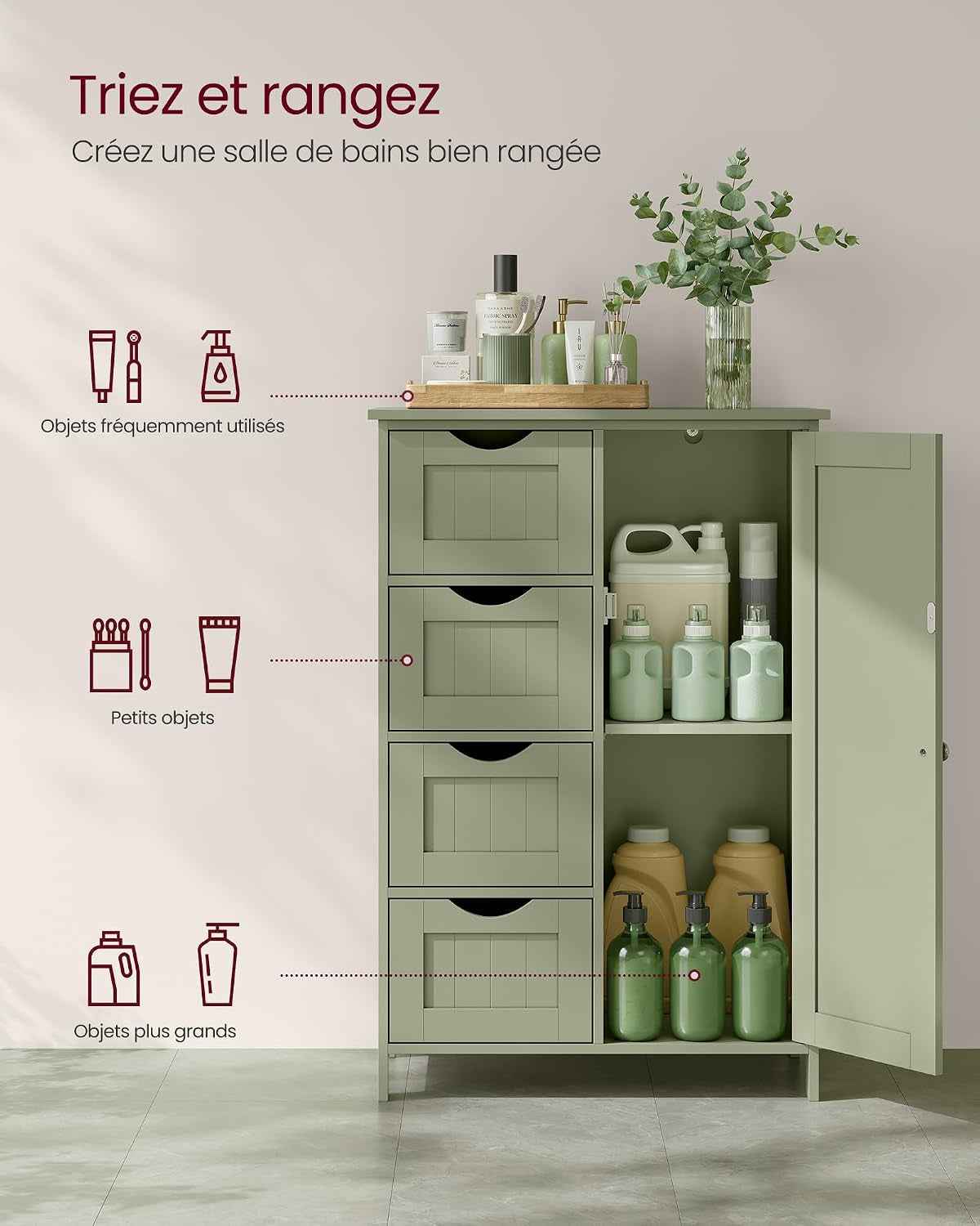 Meuble Salle De Bain Rangement, Armoire Gain De Place, Commode, Avec 4 Tiroirs, Placard Avec Porte, Étagère Réglable, 30 X 55 X 82 Cm, Vert Forêt LHC041C02