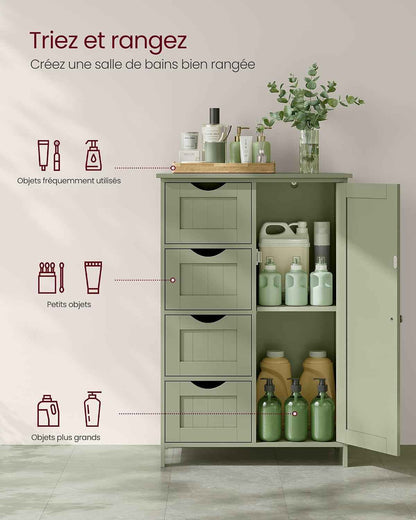 Meuble Salle De Bain Rangement, Armoire Gain De Place, Commode, Avec 4 Tiroirs, Placard Avec Porte, Étagère Réglable, 30 X 55 X 82 Cm, Vert Forêt LHC041C02