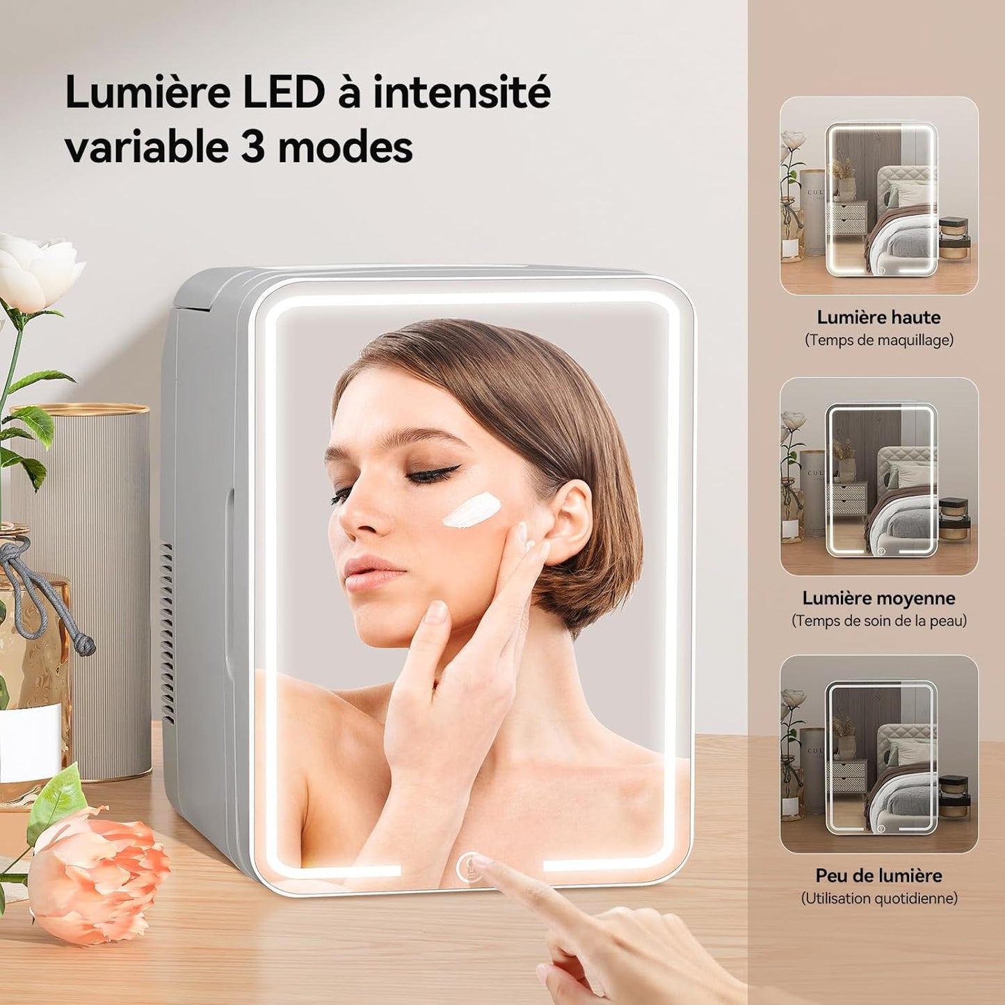 YOURLITE Mini Frigo De Chambre 2 En 1 10 Litres Avec Miroir LED À Intensité Variable, Mini Réfrigérateur Portable Ac/Dc Pour Cosmétiques Réfrigérés, Produits De Soins De La Peau Et Aliments