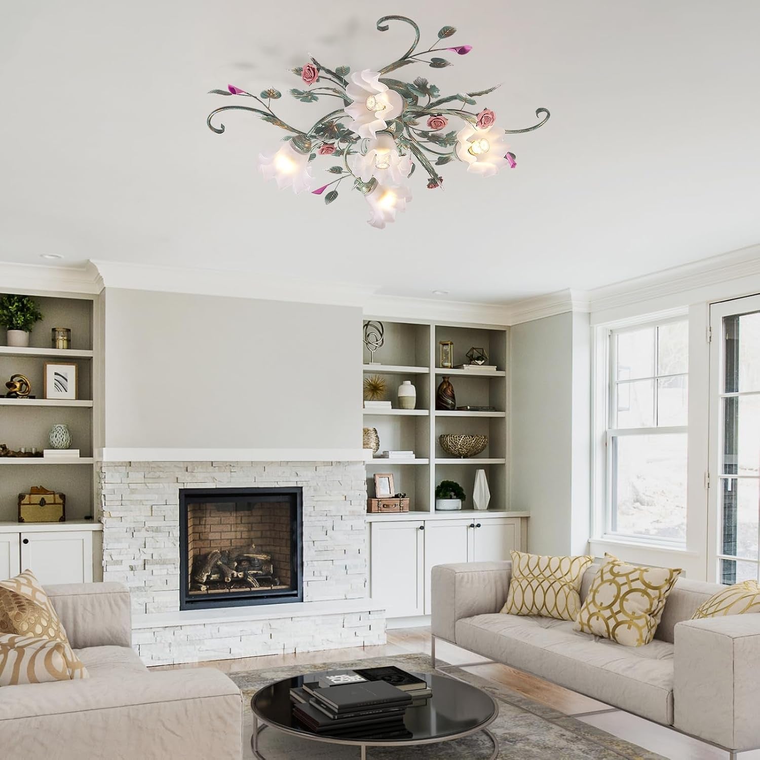 Led Plafonniers De Villa De Campagne,Lustre Avec Abat-Jour En Verre Et Conception De Fleurs Fleurs,Vintage Suspension Luminaire, Pour Chambre À Coucher Salon Chambre À Coucher Restaurant Couloir
