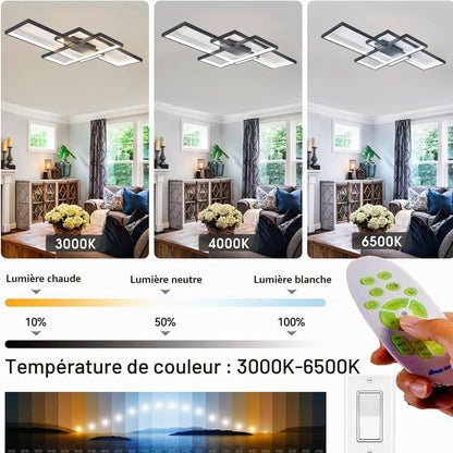 Luminaire Plafonnier Salon, Plafonnier LED Dimmable, Irrégulier Lampe Rectangulaire En Métal Acrylique, Plafonnier LED Chambre Telecommande,Noir,110 * 60CM/95W