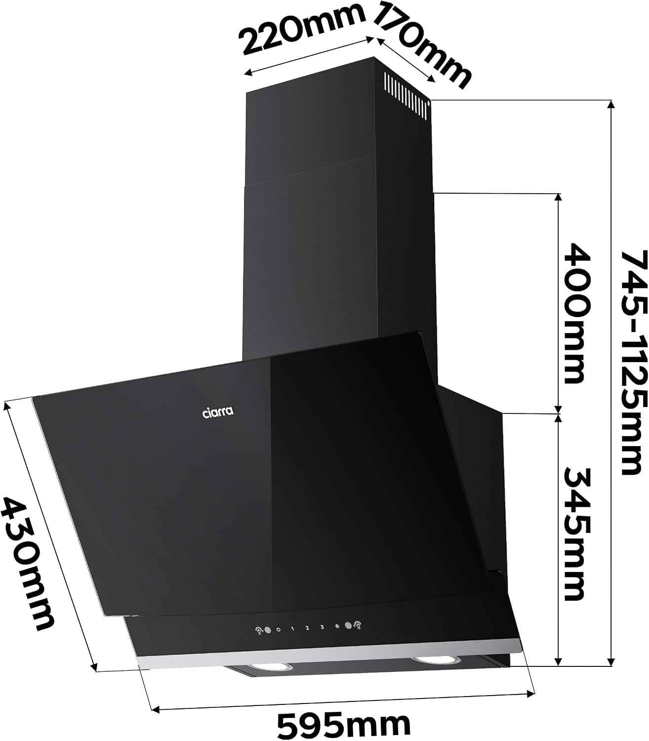 CBCB6736A Hotte Aspirante Inclinée 60 Cm A+++ 710 M³/H Gestuelle | Commande Tactile, 61 Db, Évacuation/Recyclage, Filtre Charbon CBCF003 Inclus, LED 2 Intensités, Verre Noir Facile À Nettoyer