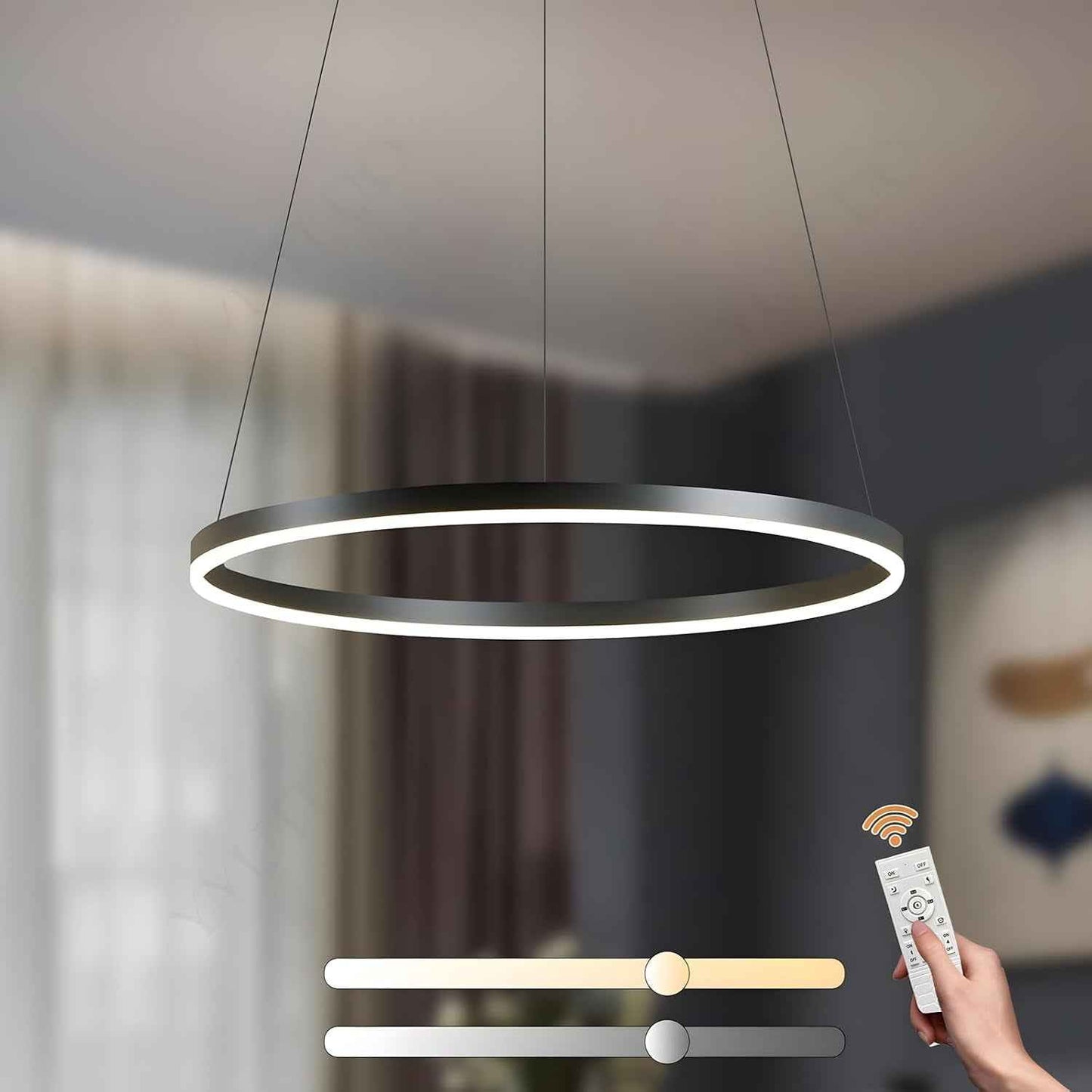 Lustre LED Moderne DIY Cercle | 1 Noire Anneaux :60Cm=29W| Éclairage Suspendu LED Métal+Acrylique Télécommande Intensité Variable 2,13G Lampe Suspendue Plafond Ronde Salon Chambre Coucher