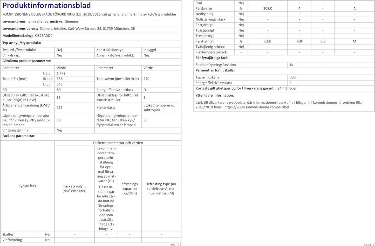 Iq500 KI87SADD0 Réfrigérateur-Congélateur Intégré (Placement) 208 L D Blanc
