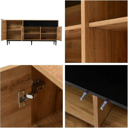 Buffet Moderne En Grain De Bois, Armoire De Rangement À 3 Portes Et Compartiment Ouvert, Noir, Multifonction Pour Salon, Chambre À Coucher, Cuisine (Naturel-C)