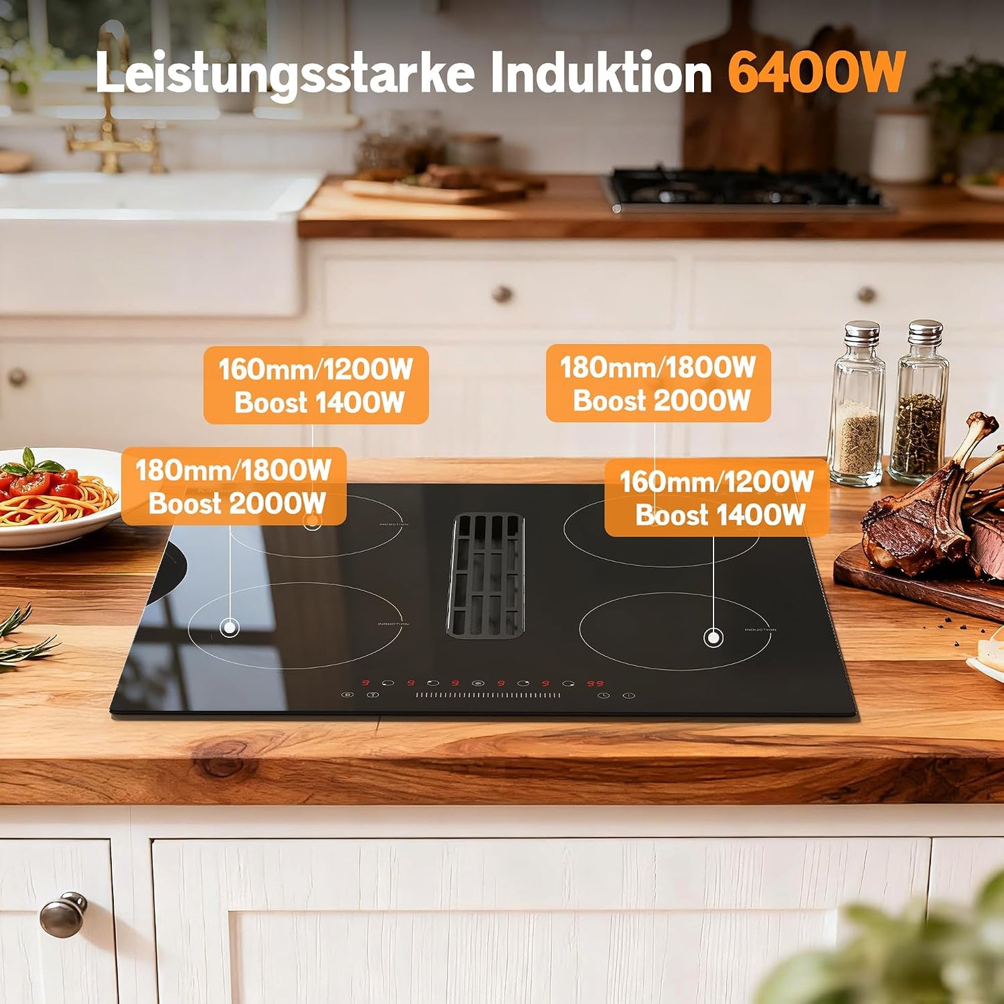 Plaque À Induction Avec Hotte Aspirante De 135W, Plaque Induction 4 Feux Encastrable 60CM, Fonction Booster, Minuterie, Pause, Table De Cuisson À Induction 6400W, 220V, Sans Prise
