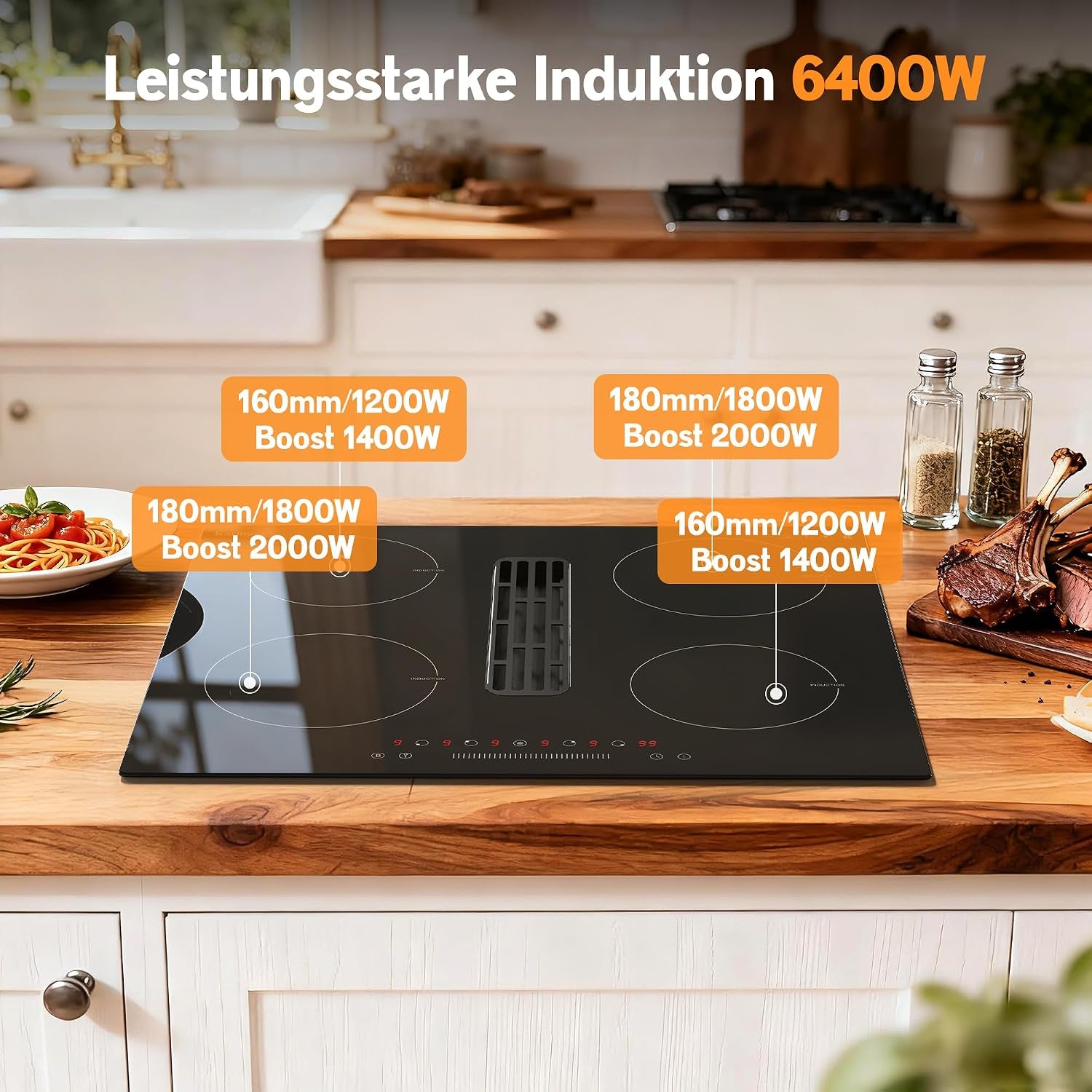 Plaque À Induction Avec Hotte Aspirante De 135W, Plaque Induction 4 Feux Encastrable 60CM, Fonction Booster, Minuterie, Pause, Table De Cuisson À Induction 6400W, 220V, Sans Prise