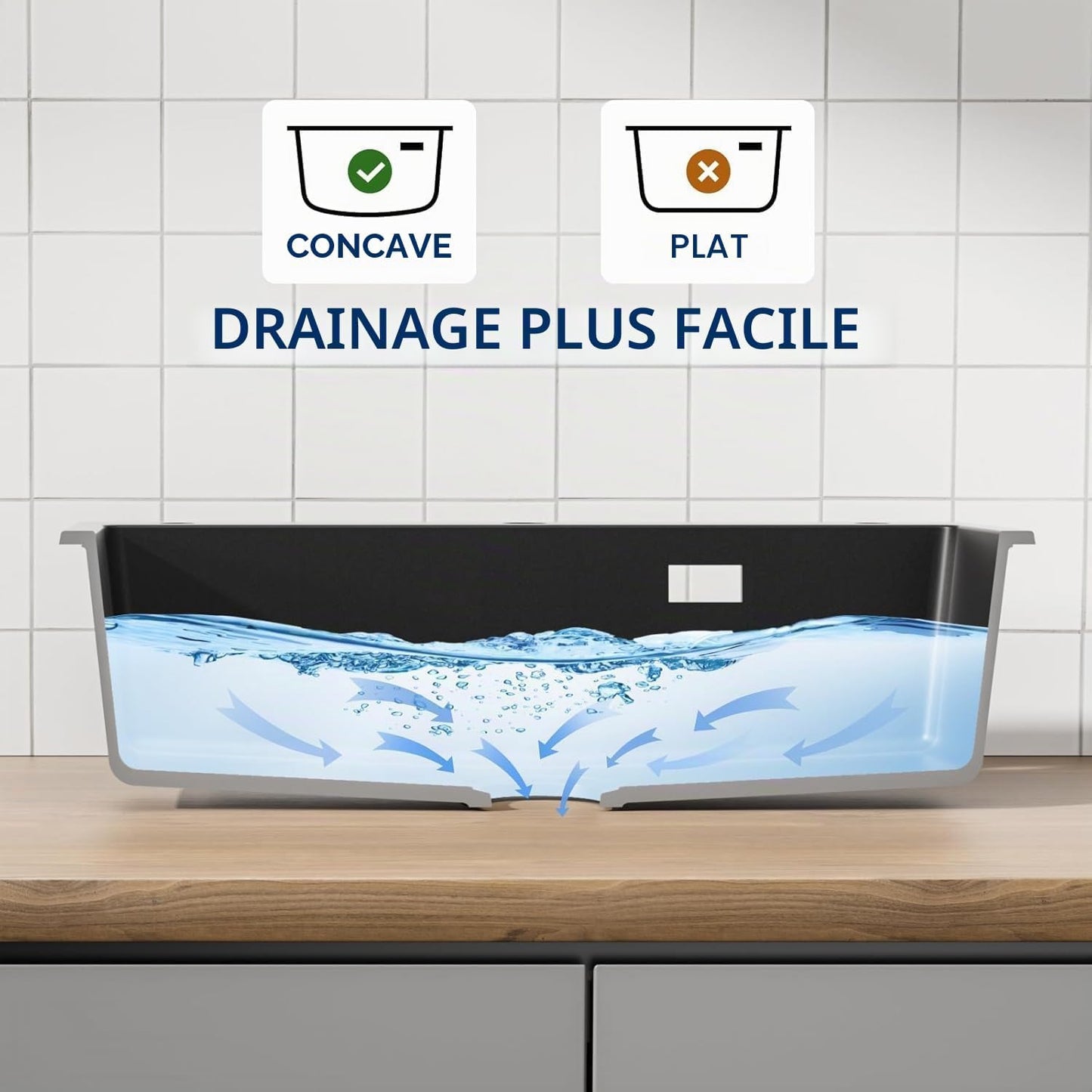 Évier De Cuisine Noir 70 X 45 X 20 Cm Avec Robinet Noir Extensible En Granit Avec Bonde Et Trop-Plein, 1 Bac Encastrable À Partir De 80 Cm De Largeur D'Armoire, Évier De Cuisine Avec Robinet