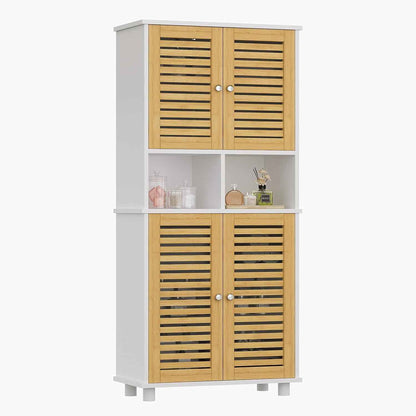 Meuble De Rangement, Meuble Colonne Pour Salle De Bain Avec 4 Portes En Bambou, 2 Étagères Réglables Et Ouvertes, Armoire De Salle De Bain Pour Salon Et Cuisine, 60 X 30 X 128 Cm, Blanc
