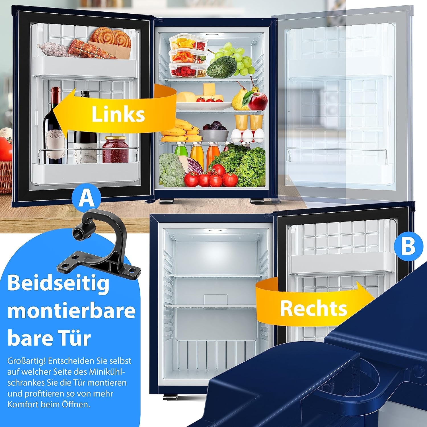 KESSER® Mini Réfrigérateur Avec Serrure, Mini Bar De 40 L, Silencieux, 22 DB, Verrouillable, Chambre À Coucher, Butée De Porte Amovible, Env. 4 À 16 °C, Hauteur 57 Cm, Éclairage Intérieur