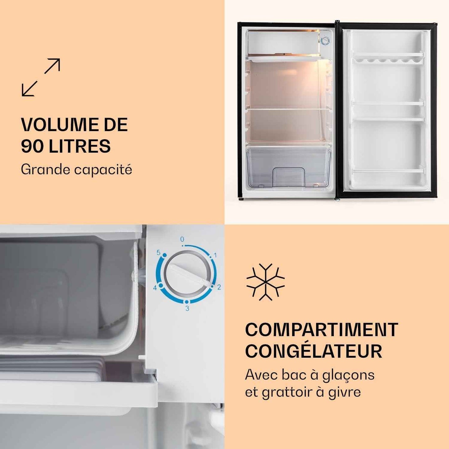 Alleinversorger - Réfrigérateur, Classe E, Congélateur, 5 Niveaux De Température, 2 Clayettes En Verre, Porte Interchangeable, Capacité : Réfrigérateur 90 L, Noir