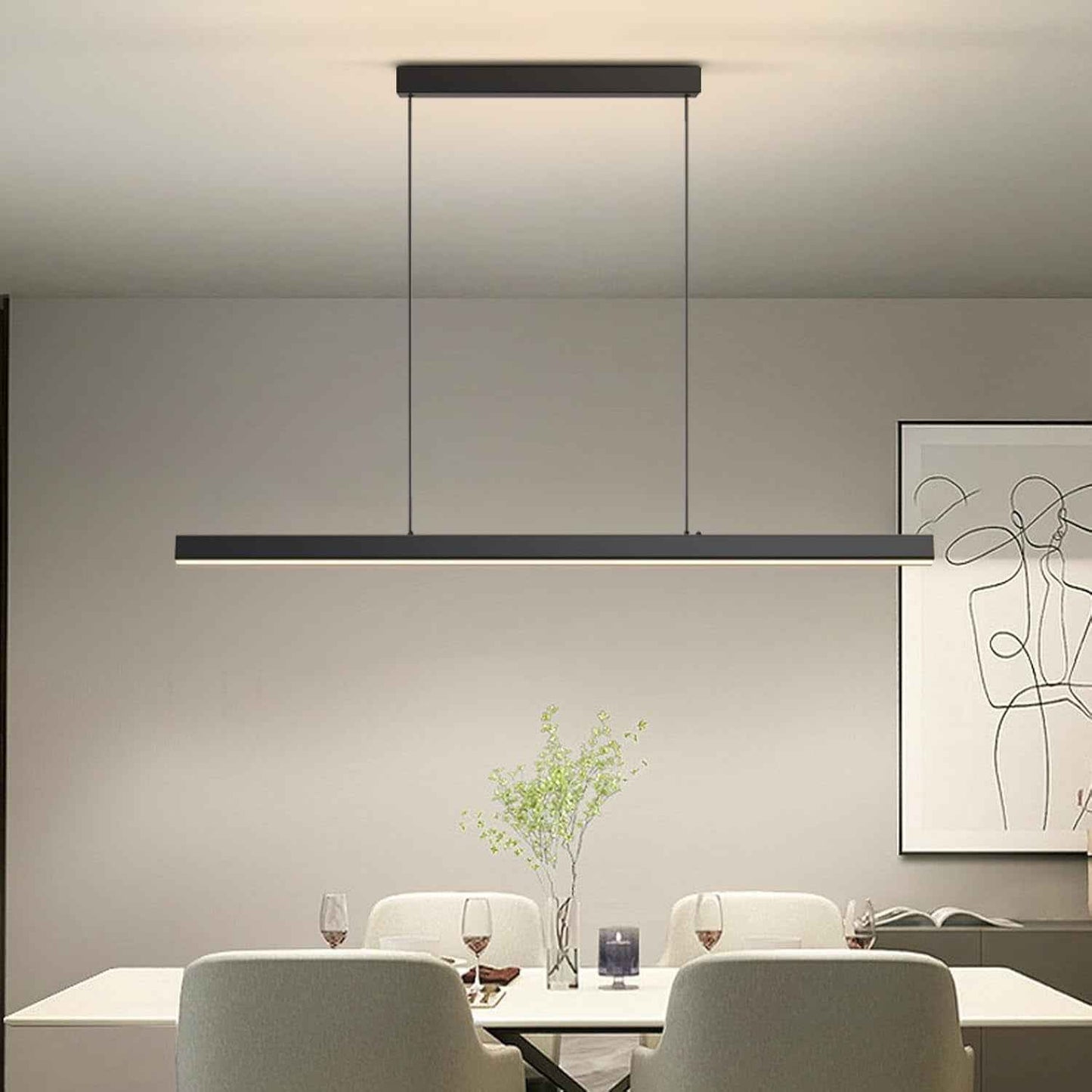 Suspension Luminaire Cuisine Moderne, 3000K/4500K/6500K 10%–100% Température De Couleur Lustre Linéaire, Dimmbar Avec Télécommande Chandelier Pour Cuisine,Salon,Salle À Manger,Chambre À Coucher 150CM