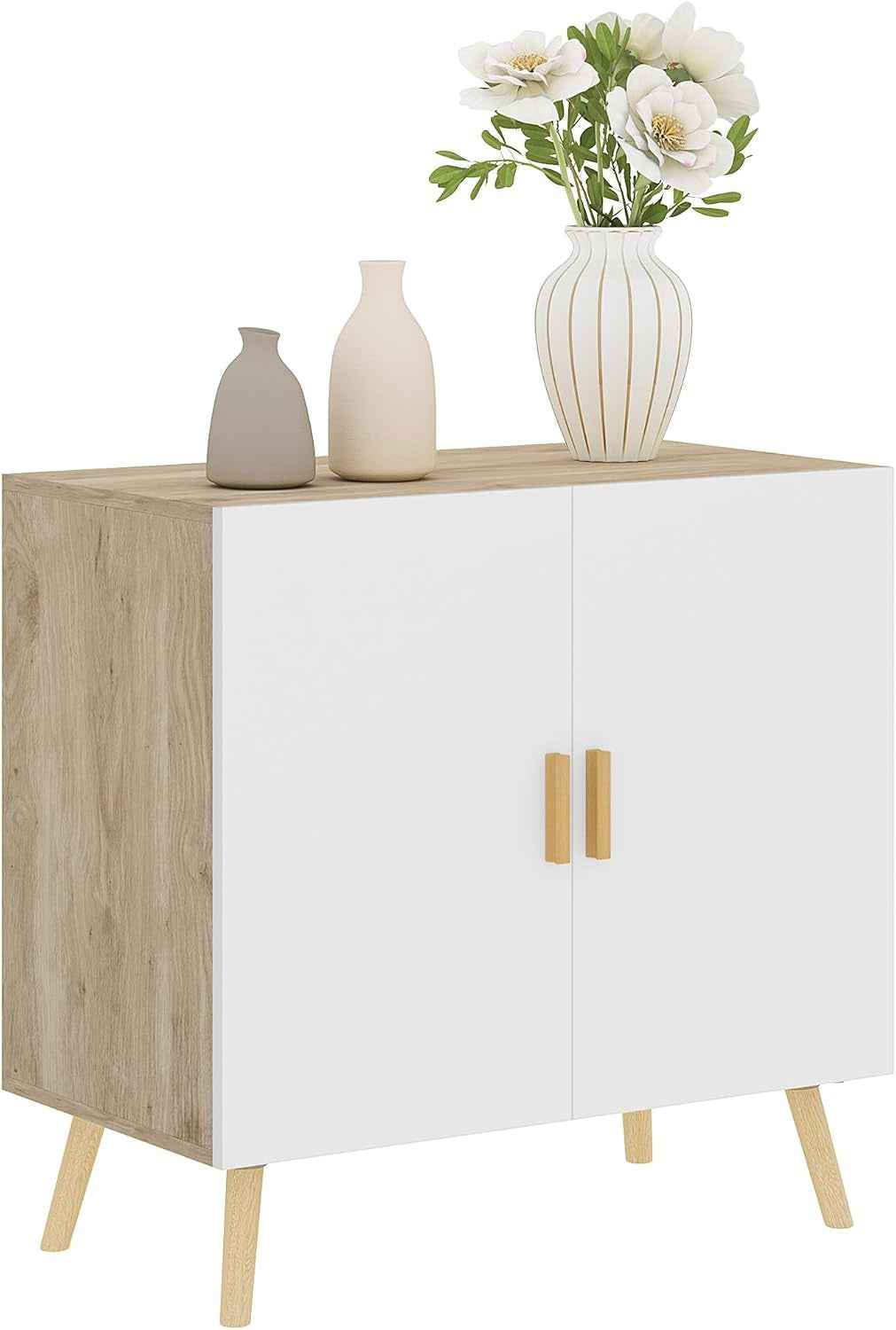Buffet, Meuble De Rangement, Avec Poignées En Bambou, Étagère Ajustable, Base Surélevée, Pour Salon Cuisine Salle À Manger, 76 X 41,2 X 74 Cm Blanc Et Bois Naturel