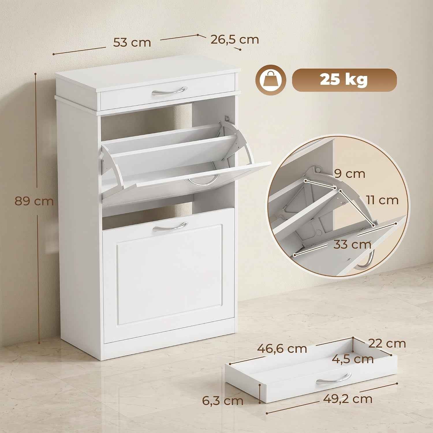 Meuble Chaussure 8 Paires Étroit, Tiroir 53 X 26,5 X 89 Cm Blanc | Armoire À Chaussures, 2 Portes Abattants, Étagère Réglable, Meuble D'Entrée Et Couloir