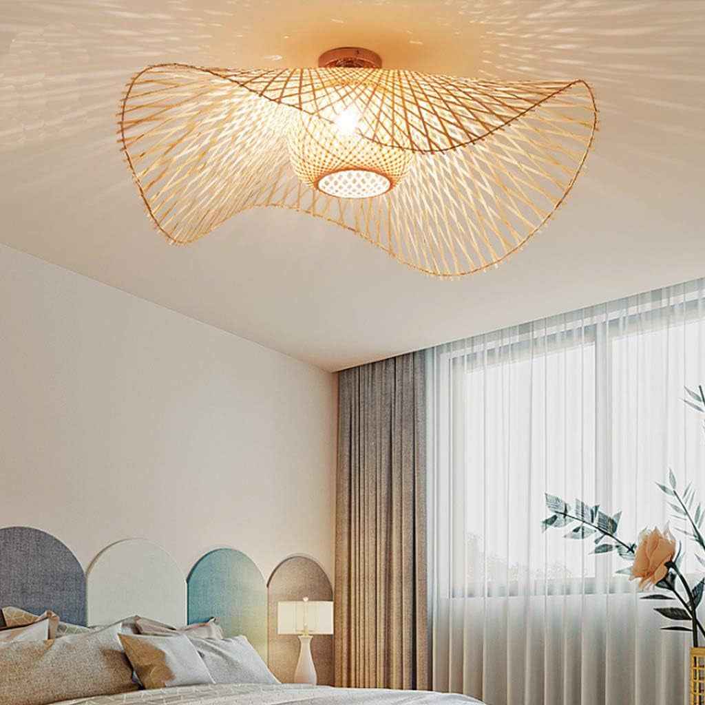 Rétro Lustres Lumière Naturelle De Bambou Et Plafonnier Rotin Vintage E27 Éclairage Plafond Tissées Main Pour Manger Chambre Salon Bar Café Pendentif Cuisine Lampe Suspendue Couloir Suspension,75Cm