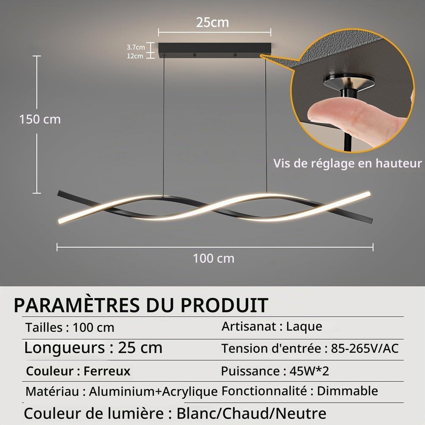 Lampe De Table De Salle À Manger Suspendue 100Cm, Lampe De Table De Salle À Manger Noire Avec Télécommande, Luminosité Réglable De 1% À 100% Et 3 Couleurs De Lumière Chandelier De Cuisine