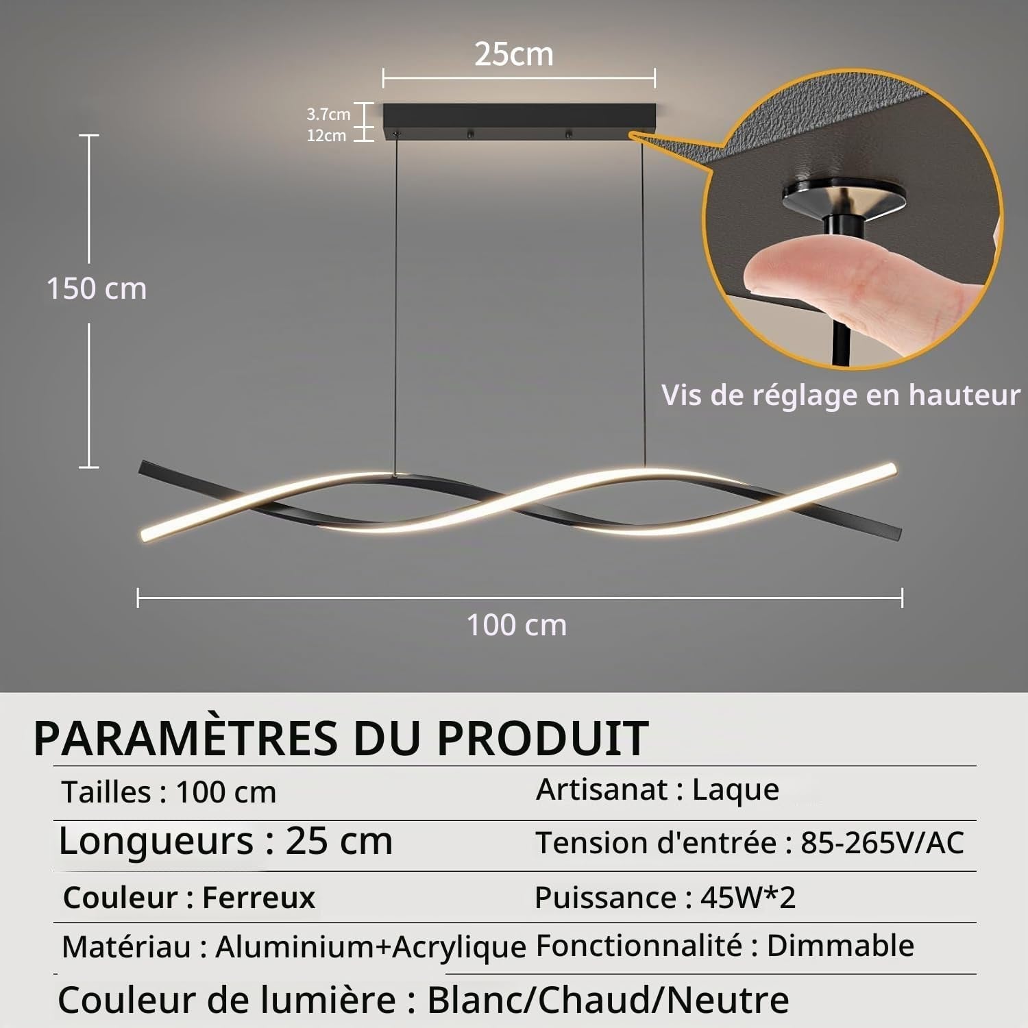 Lampe De Table De Salle À Manger Suspendue 100Cm, Lampe De Table De Salle À Manger Noire Avec Télécommande, Luminosité Réglable De 1% À 100% Et 3 Couleurs De Lumière Chandelier De Cuisine