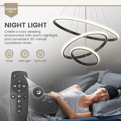 Lustre Salon 3 Anneaux Moderne, 45W Suspension Led Salon Luminaire Chambre Dimmables Lampe Suspension Avec Télécommande & APP Contrôle Acrylique Rond or 2700K-6500K Luminosité Réglable