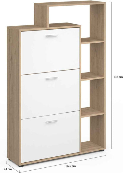 - Meuble À Chaussures 18 Paires KLARK Imitation Hêtre | Avec 3 Portes Blanches Avec Étagère