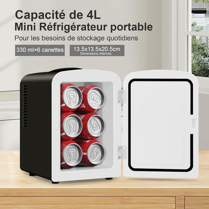 Mini Frigo Portable 4L, Mini Réfrigérateur Cosmétique, Mini Glacière Électrique, Fonction Froid/Chaud, Avec Câble AC 220V/ DC 12V Pour Voiture, Bureau, Chambre (Noir)