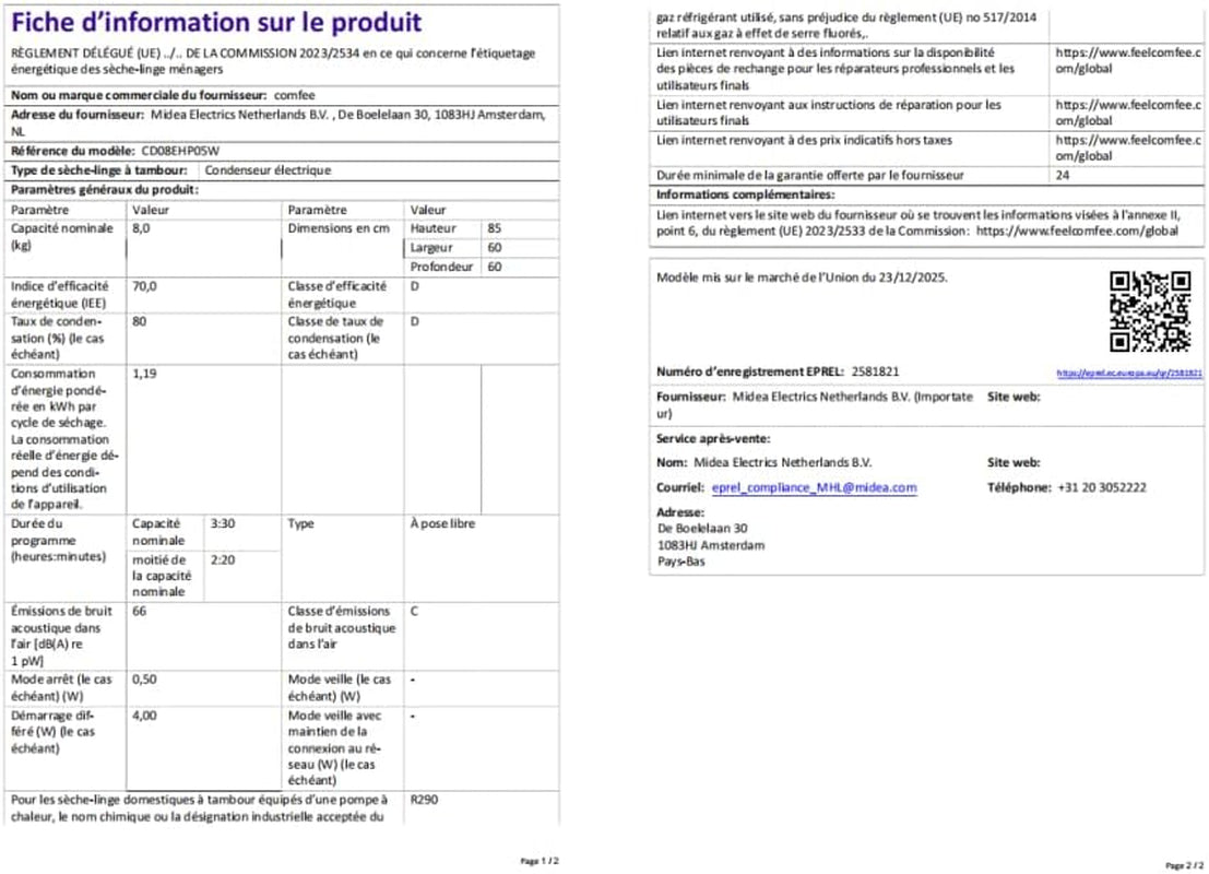 ' Sèche Linge Pompe À Chaleur 8KG Classe D Smart Dry CD08EHP05W | Séchage Rapide, Élimination Des Poils D'Animaux, 15 Programmes, Fonction Anti-Rides, Fonction Rafraîchissante, Blanc