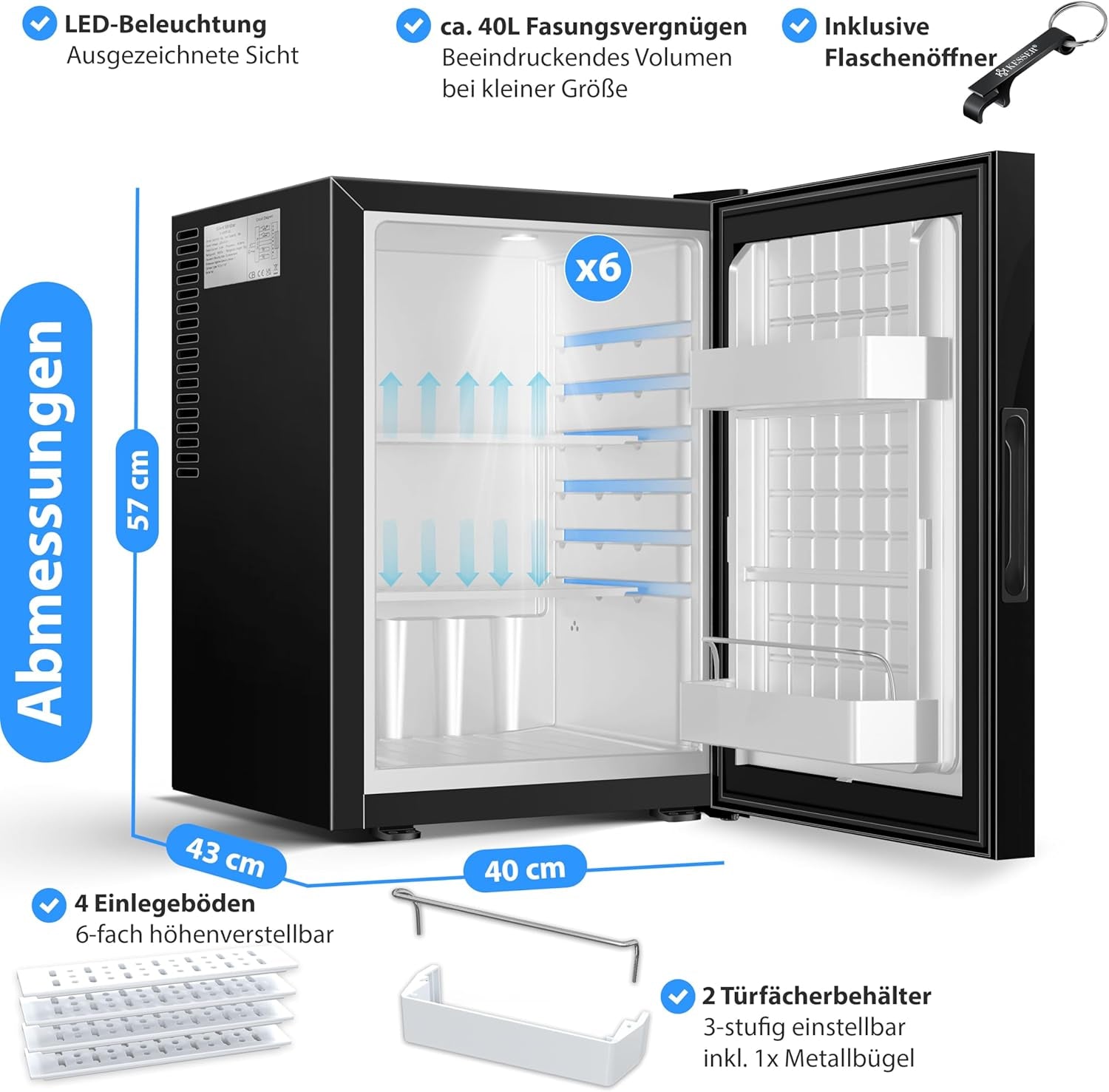 KESSER® Mini Réfrigérateur Avec Façade En Verre, Capacité Utile De 40 L, Silencieux, 22 Db, Verrouillable, Chambre À Coucher, Butée De Porte Interchangeable, Env. 6 À 12 °C, Hauteur 57 Cm, Éclairage
