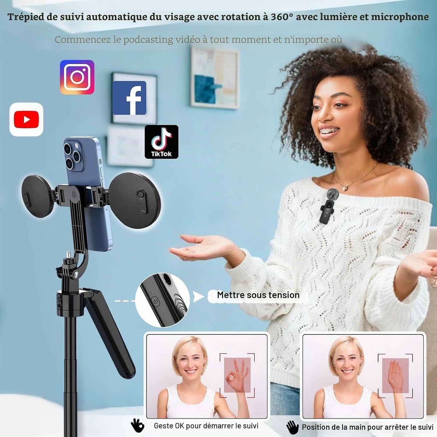 Kit De Vlogging Pour Créateur De Contenu Youtube Pour Iphone/Android, Trépied De 178 Cm Avec Suivi Automatique Du Visage Pour Iphone, Avec Éclairage Et Microphones Sans Fil, Kit De Démarrage Tiktok