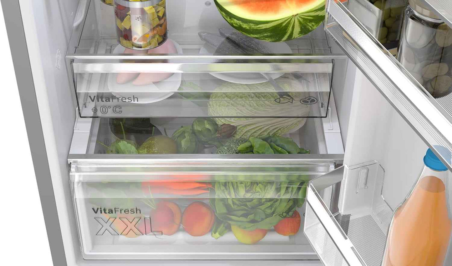Bosch KGN367LDF Série 4 - Réfrigérateur Combiné, Pose-Libre, Perfect Fit | 186 X 60 Cm, Inox, Nofrost, Vitafresh, Tiroirs Vitafresh XXL <0 °C>, 2 Systèmes De Refroidissement
