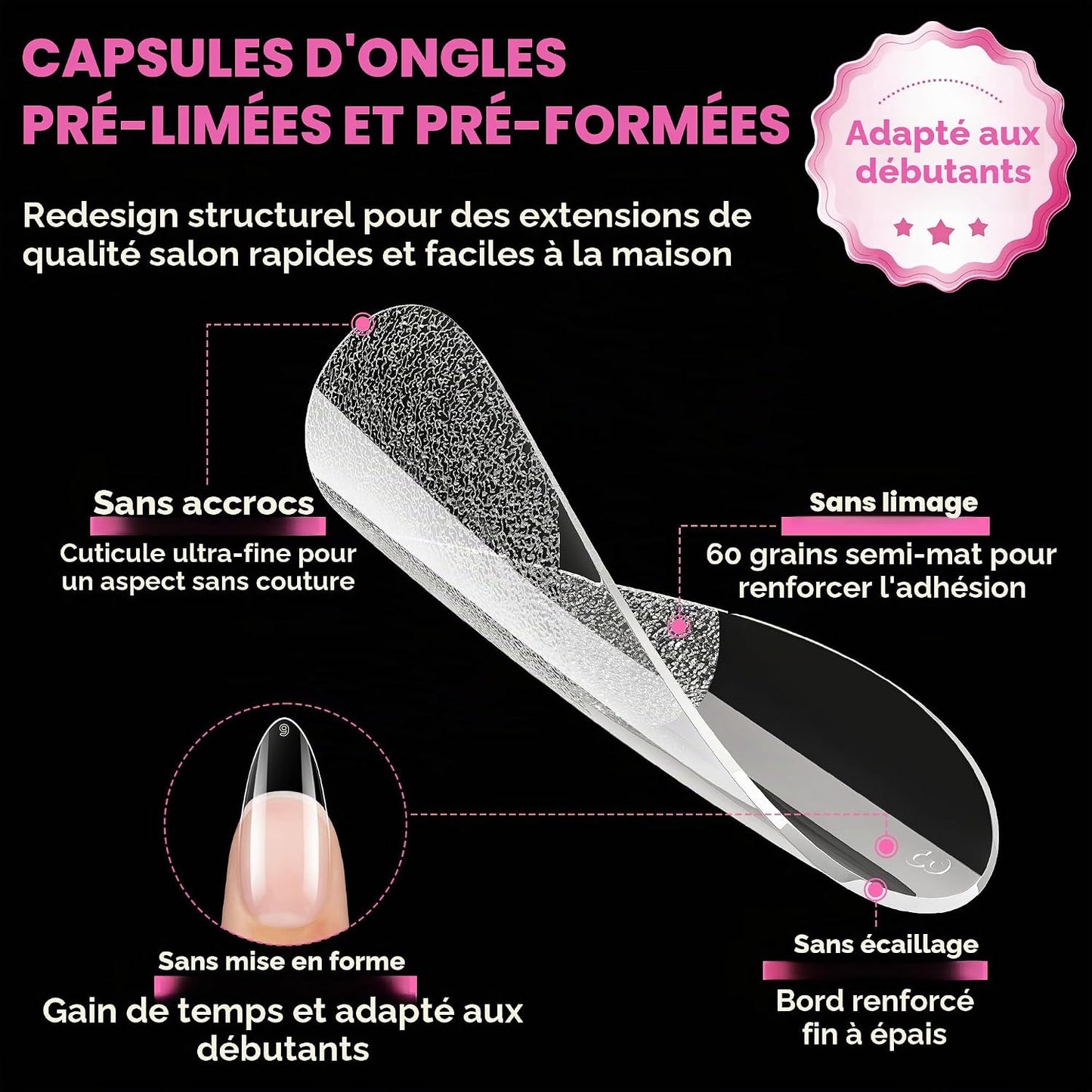 Capsule Américaine Ongles Amande Moyenne 504 Pièces | Faux Ongles Couverture Totale, Gel Souple Sans Courbure En C, Idéal Pour Extensions D’Ongles Et DIY À La Maison 12 Tailles